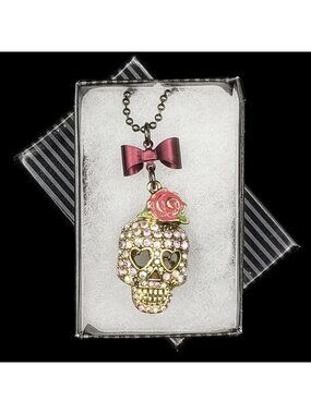 Halloween Rose Bow Skull Necklace with Gift Box Enamel Rhinestones Goth  v1